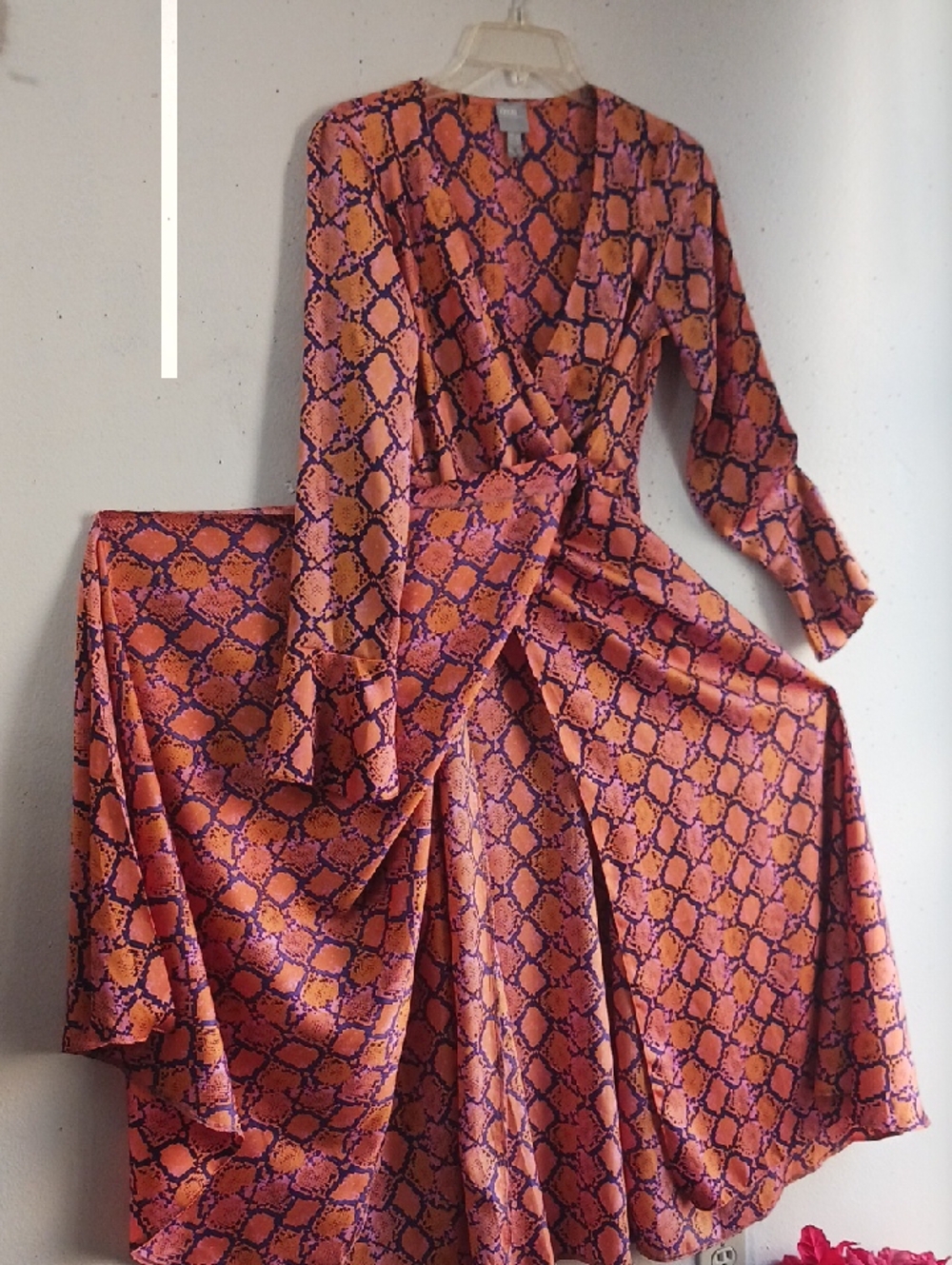 ASOS Orange, Black and Pink Snake-Print Long Sleeve Wrap Maxi Dress, Sise Small